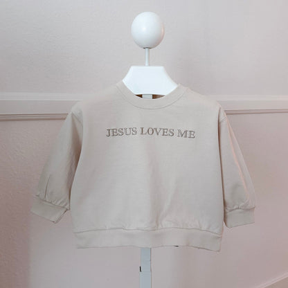 [At Noon Original Design] Kids JESUS LOVES ME Sweatshirt (6m - 9y) - Beige kids outfit