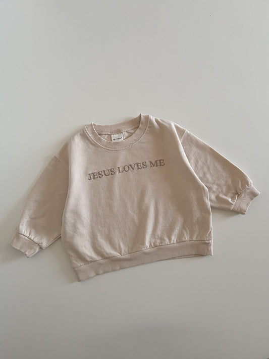 [At Noon Original Design] Kids JESUS LOVES ME Sweatshirt (6m - 9y) - Beige kids outfit