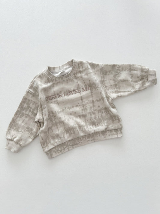 [At Noon Original Design] Kids JESUS LOVES ME Tie - Dye Sweatshirt (6m - 7y) - Beige Gray kids outfit