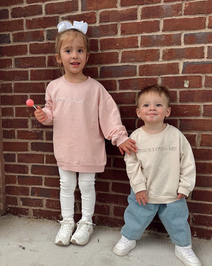 [At Noon Original Design] Kids JESUS LOVES ME Tie - Dye Sweatshirt (6m - 7y) - Beige Gray kids outfit