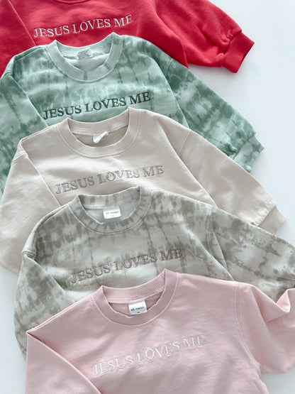 [At Noon Original Design] Kids JESUS LOVES ME Tie - Dye Sweatshirt (6m - 7y) - Beige Gray kids outfit
