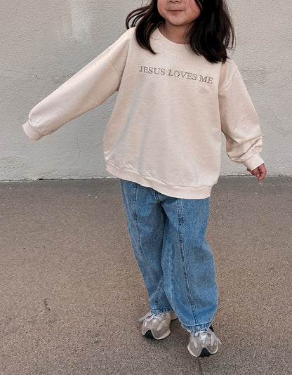 [At Noon Original Design] Kids JESUS LOVES ME Tie - Dye Sweatshirt (6m - 7y) - Beige Gray kids outfit