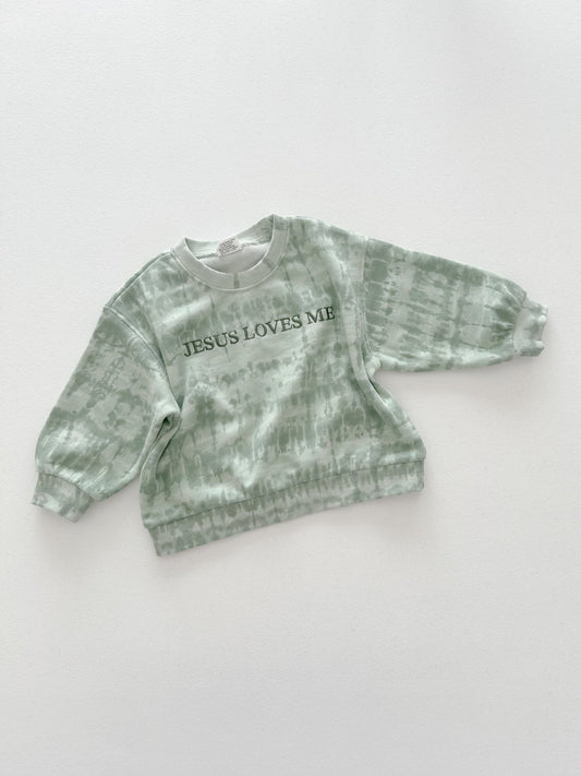 [At Noon Original Design] Kids JESUS LOVES ME Tie - Dye Sweatshirt (6m - 7y) - Green kids outfit