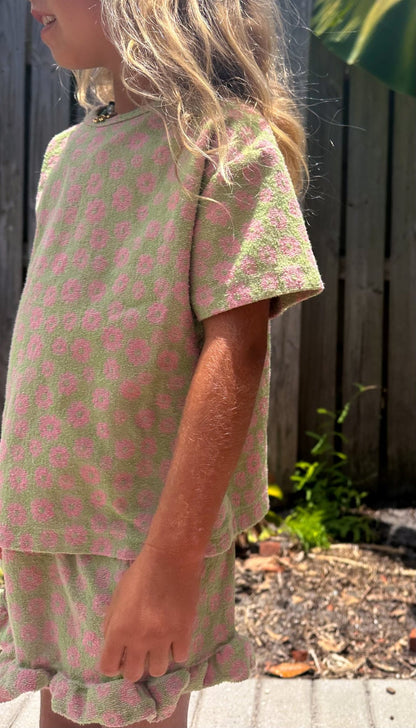 [At Noon Original Design] Kids Terry Cloth Floral Short Sleeve Top and Ruffle Shorts Set (1 - 8y) - Olive kids outfit