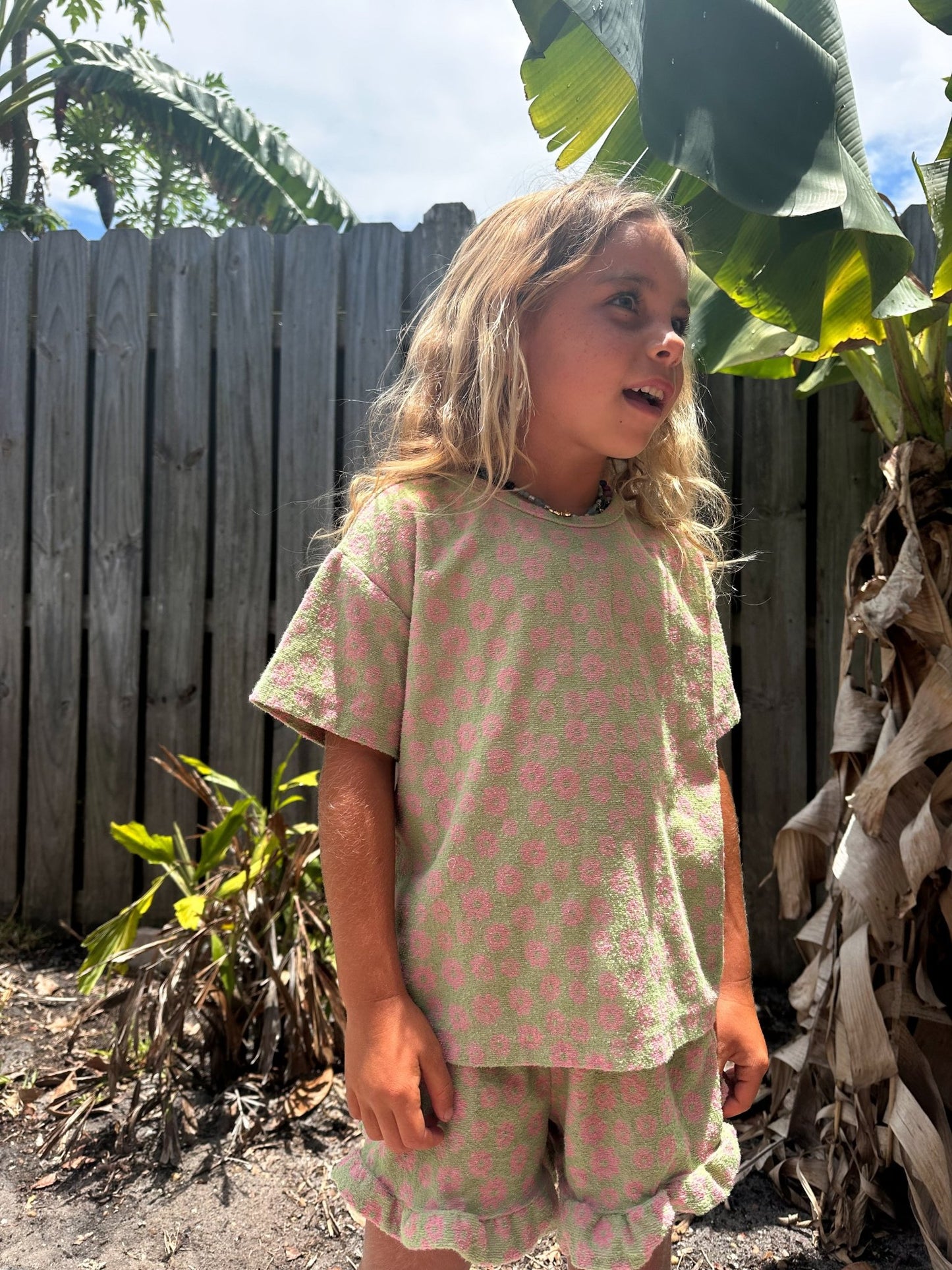[At Noon Original Design] Kids Terry Cloth Floral Short Sleeve Top and Ruffle Shorts Set (1 - 8y) - Olive kids outfit