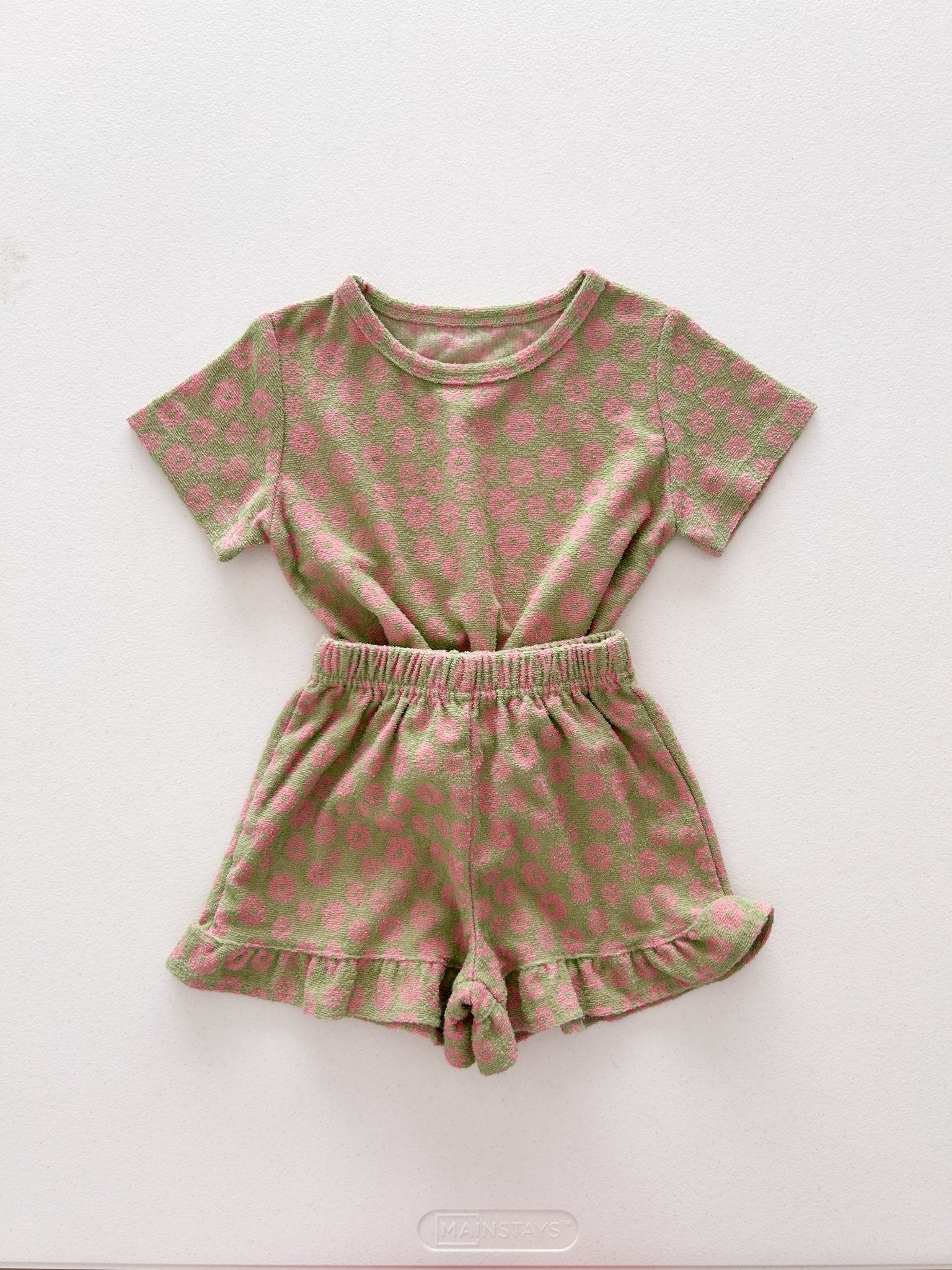 [At Noon Original Design] Kids Terry Cloth Floral Short Sleeve Top and Ruffle Shorts Set (1 - 8y) - Olive kids outfit