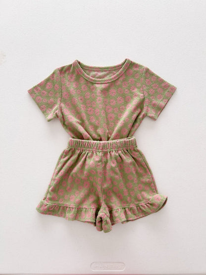 [At Noon Original Design] Kids Terry Cloth Floral Short Sleeve Top and Ruffle Shorts Set (1 - 8y) - Olive kids outfit