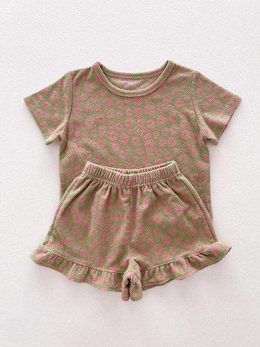 [At Noon Original Design] Kids Terry Cloth Floral Short Sleeve Top and Ruffle Shorts Set (1 - 8y) - Olive kids outfit