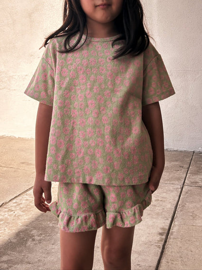[At Noon Original Design] Kids Terry Cloth Floral Short Sleeve Top and Ruffle Shorts Set (1 - 8y) - Olive kids outfit