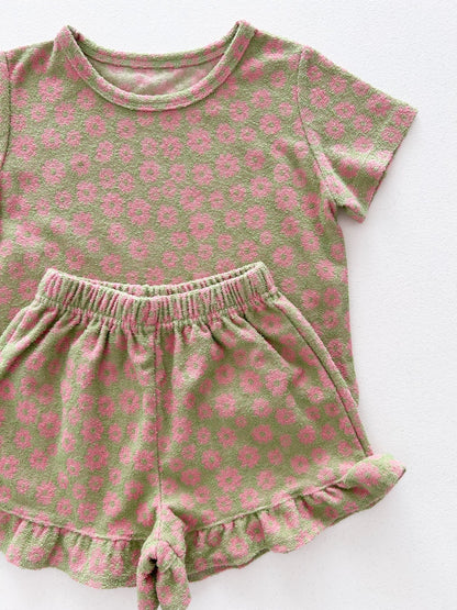 [At Noon Original Design] Kids Terry Cloth Floral Short Sleeve Top and Ruffle Shorts Set (1 - 8y) - Olive kids outfit