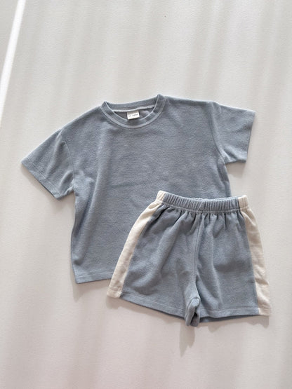 [At Noon Original Design] Kids Terry Cloth Short Sleeve Top and Shorts Set (6m - 7y) - Blue kids outfit