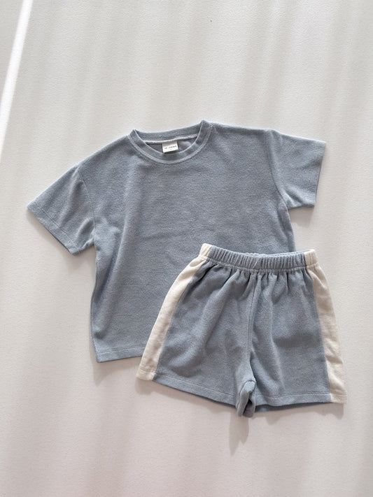 [At Noon Original Design] Kids Terry Cloth Short Sleeve Top and Shorts Set (6m - 7y) - Blue kids outfit