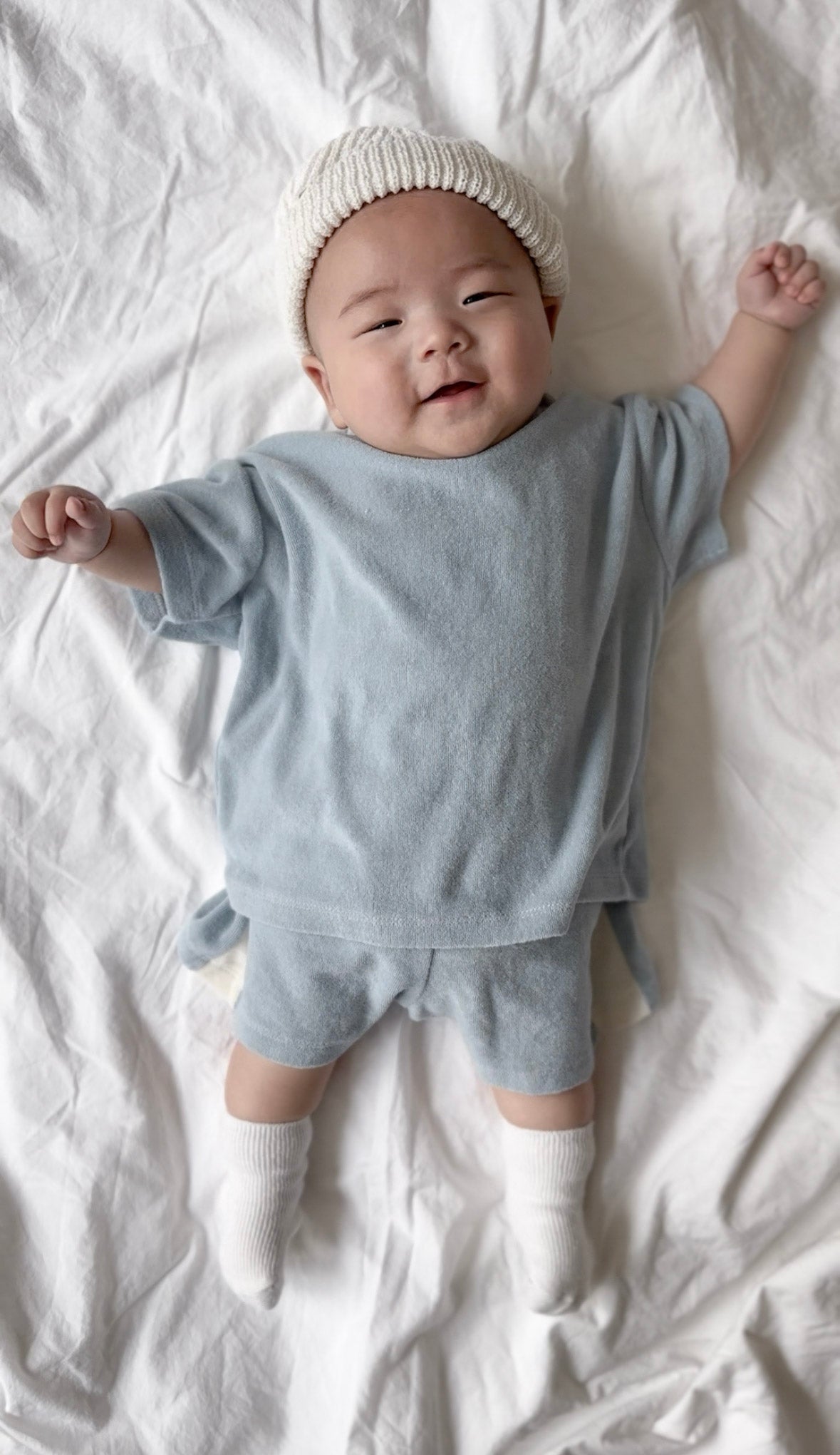 [At Noon Original Design] Kids Terry Cloth Short Sleeve Top and Shorts Set (6m - 7y) - Blue kids outfit