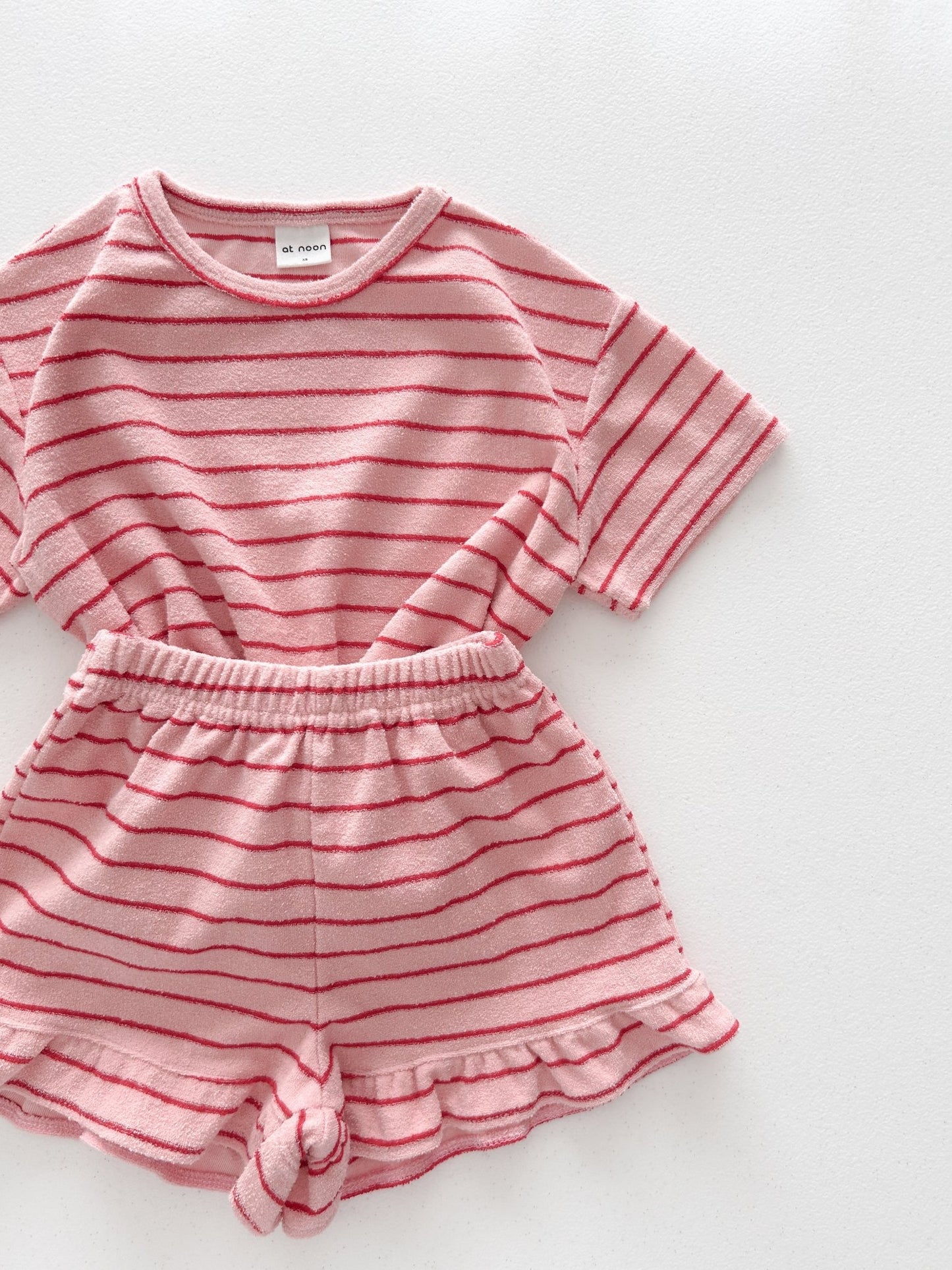 [At Noon Original Design] Kids Terry Cloth Stripe Short Sleeve Top and Ruffle Shorts Set (1 - 8y) - Pink kids outfit