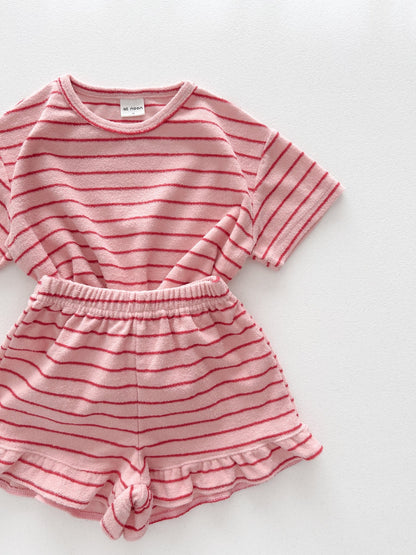 [At Noon Original Design] Kids Terry Cloth Stripe Short Sleeve Top and Ruffle Shorts Set (1 - 8y) - Pink kids outfit