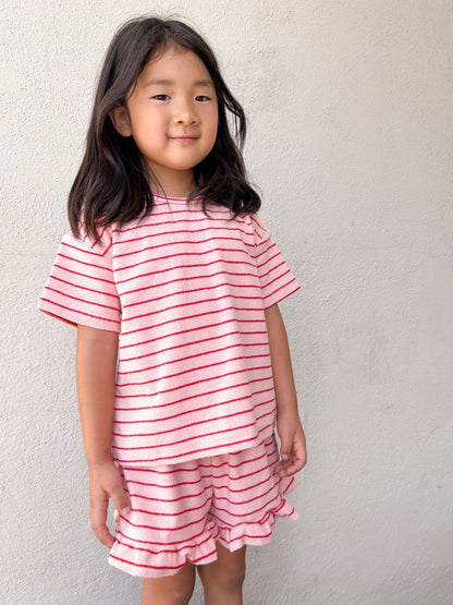[At Noon Original Design] Kids Terry Cloth Stripe Short Sleeve Top and Ruffle Shorts Set (1 - 8y) - Pink kids outfit