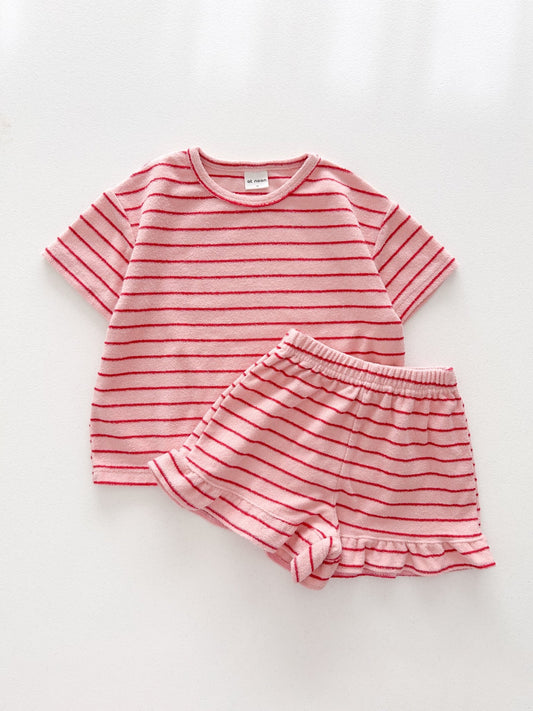 [At Noon Original Design] Kids Terry Cloth Stripe Short Sleeve Top and Ruffle Shorts Set (1 - 8y) - Pink kids outfit