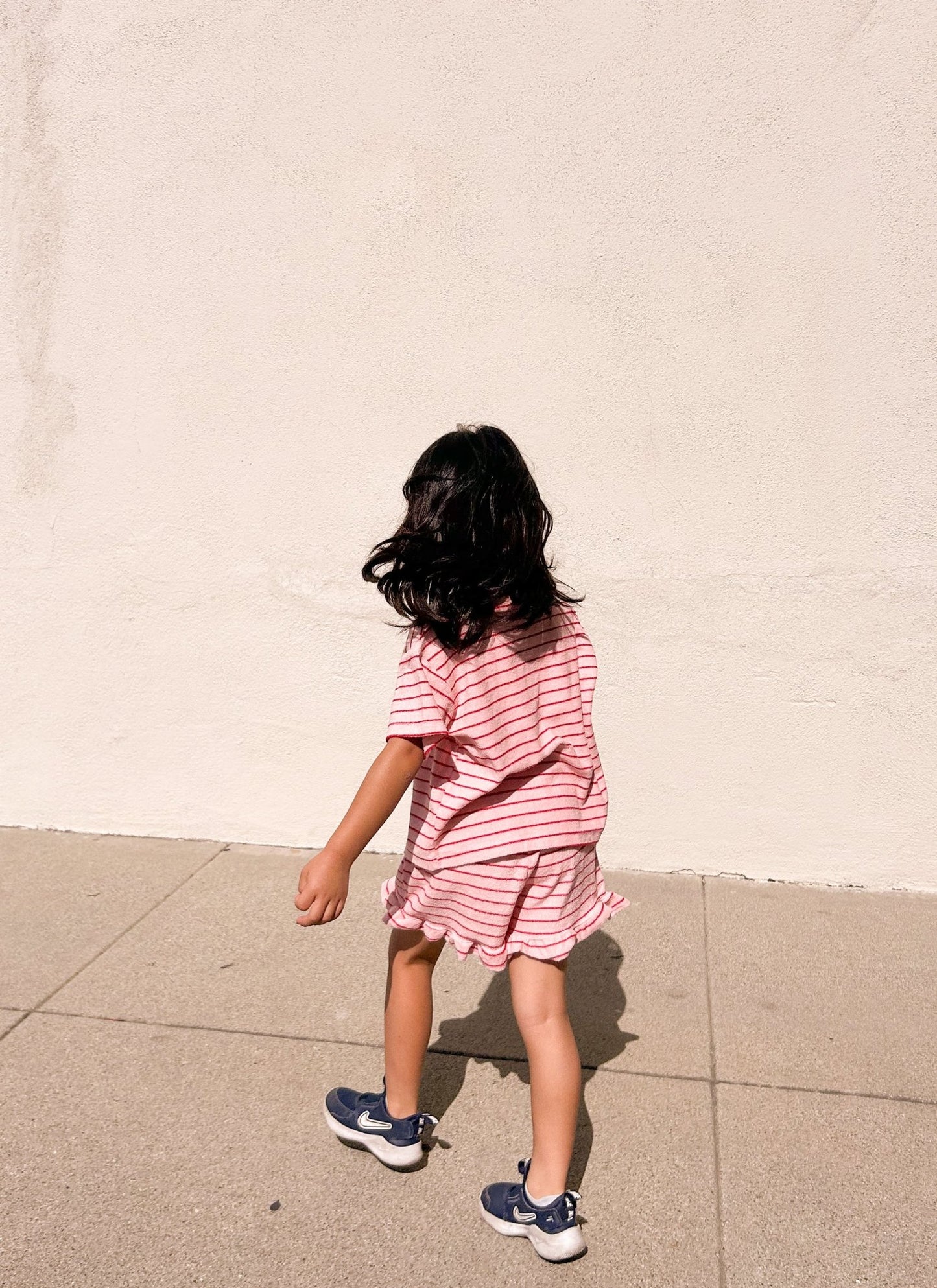 [At Noon Original Design] Kids Terry Cloth Stripe Short Sleeve Top and Ruffle Shorts Set (1 - 8y) - Pink kids outfit