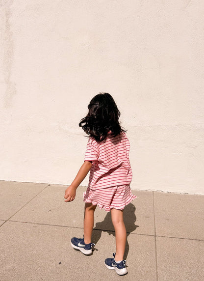 [At Noon Original Design] Kids Terry Cloth Stripe Short Sleeve Top and Ruffle Shorts Set (1 - 8y) - Pink kids outfit
