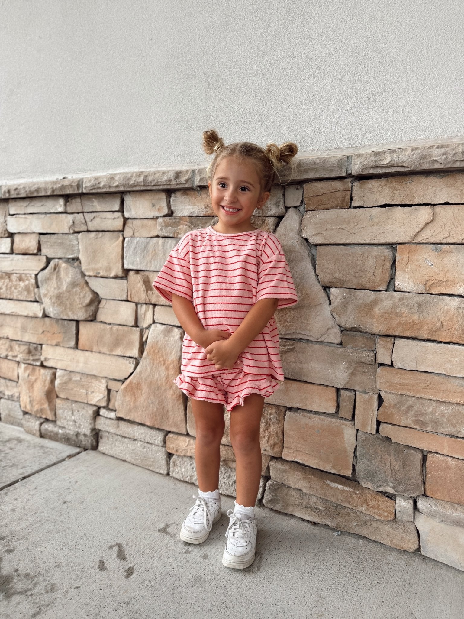 [At Noon Original Design] Kids Terry Cloth Stripe Short Sleeve Top and Ruffle Shorts Set (1 - 8y) - Pink kids outfit