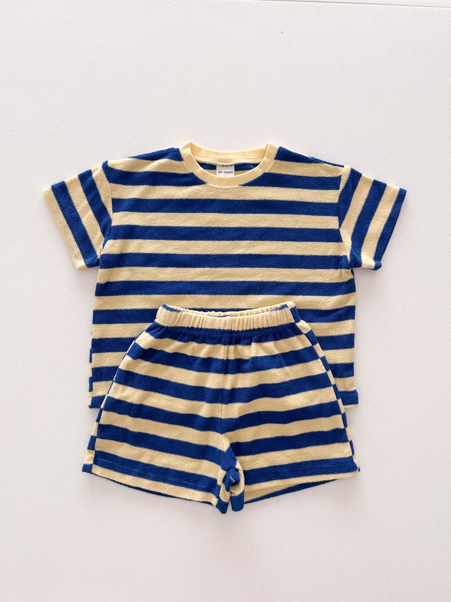 [At Noon Original Design] Kids Terry Cloth Stripe Short Sleeve Top and Shorts Set (6m - 7y) - Yellow Blue kids outfit