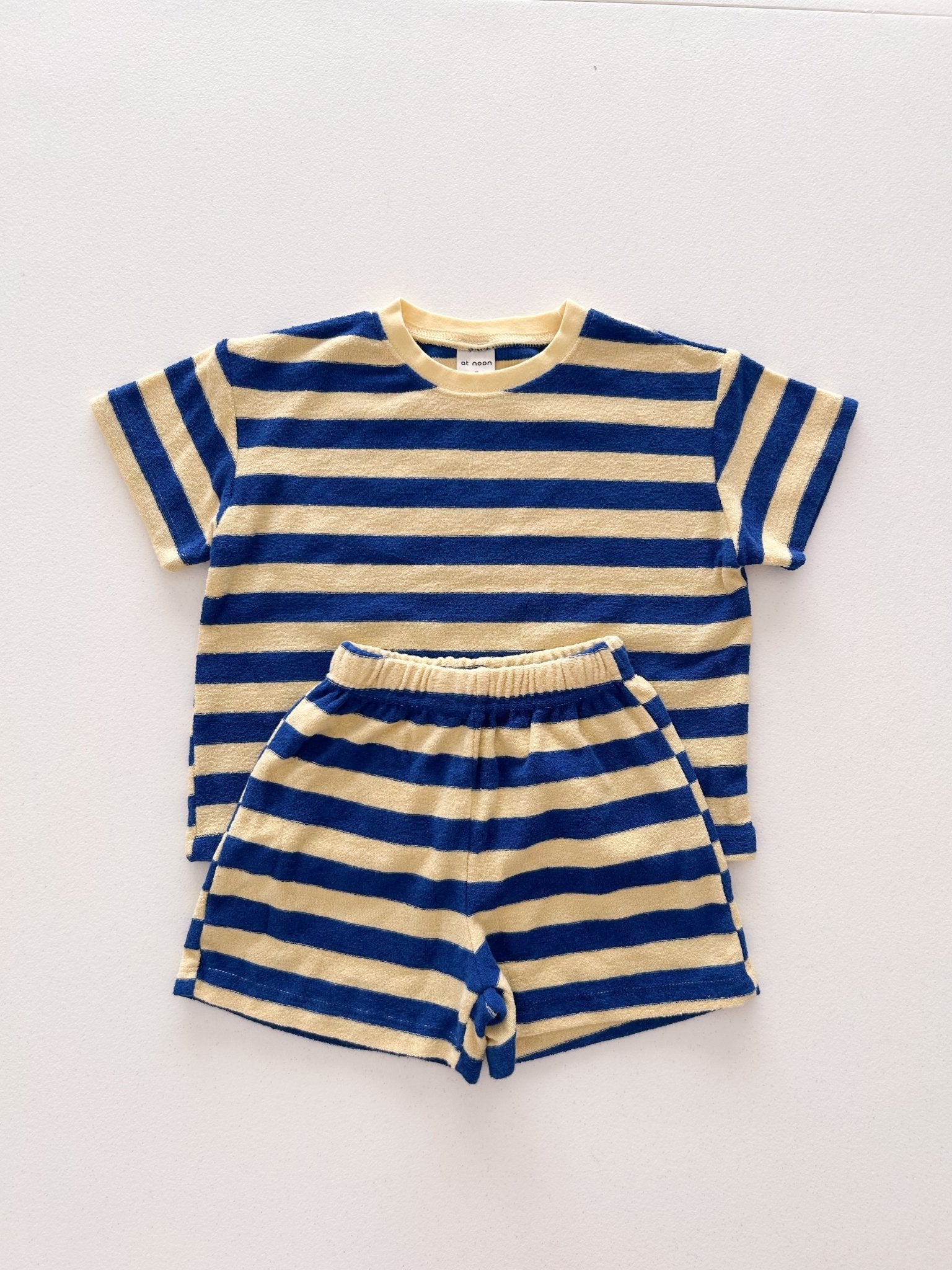 [At Noon Original Design] Kids Terry Cloth Stripe Short Sleeve Top and Shorts Set (6m - 7y) - Yellow Blue kids outfit