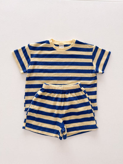 [At Noon Original Design] Kids Terry Cloth Stripe Short Sleeve Top and Shorts Set (6m - 7y) - Yellow Blue kids outfit