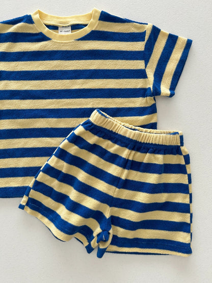 [At Noon Original Design] Kids Terry Cloth Stripe Short Sleeve Top and Shorts Set (6m - 7y) - Yellow Blue kids outfit