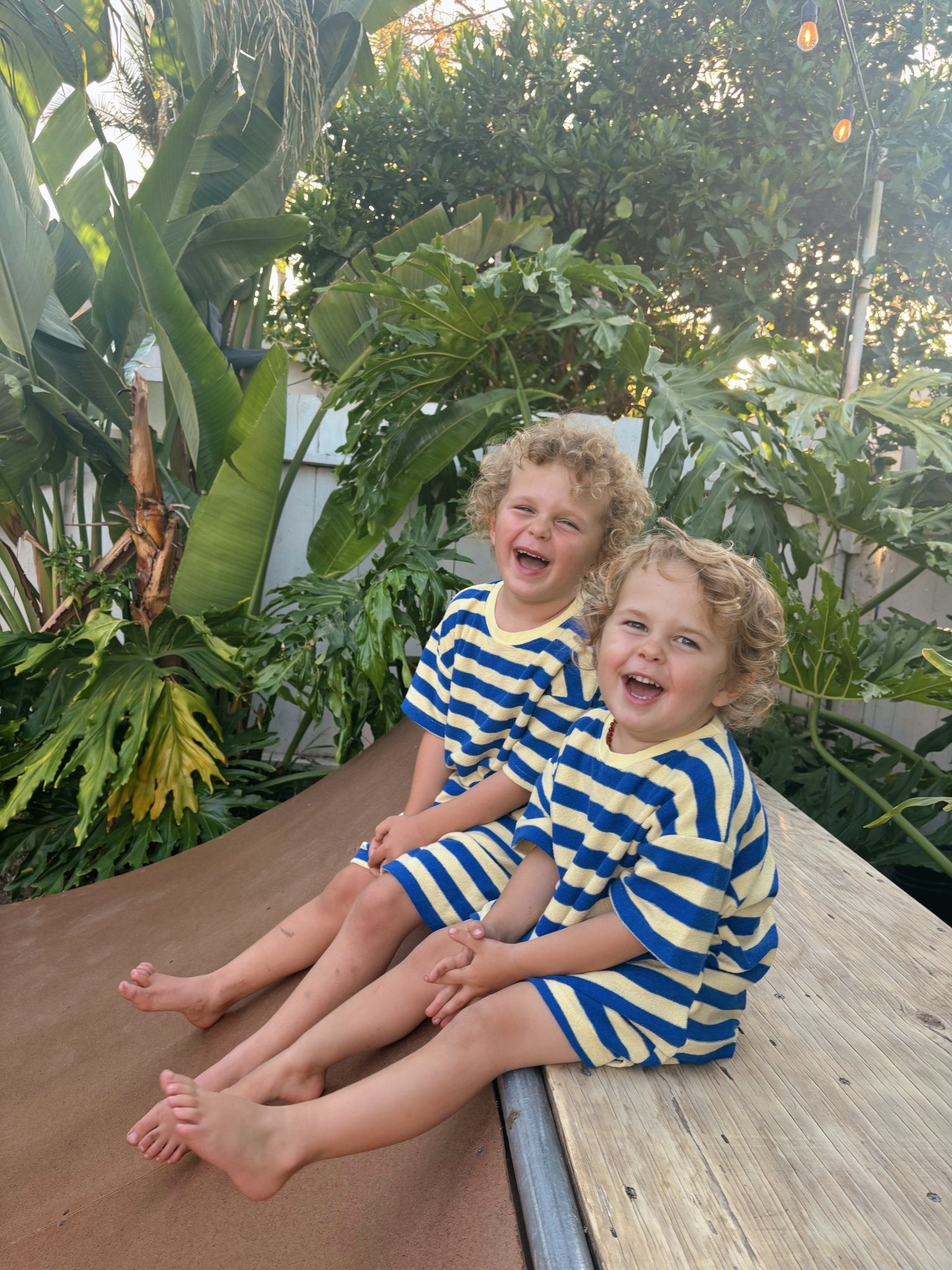 [At Noon Original Design] Kids Terry Cloth Stripe Short Sleeve Top and Shorts Set (6m - 7y) - Yellow Blue kids outfit