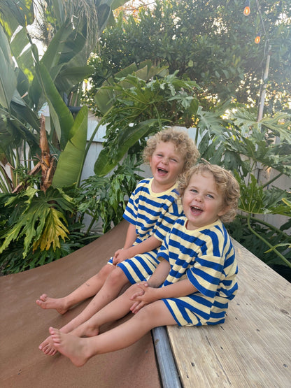 [At Noon Original Design] Kids Terry Cloth Stripe Short Sleeve Top and Shorts Set (6m - 7y) - Yellow Blue kids outfit