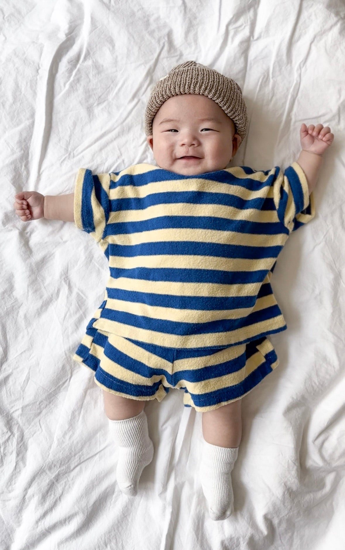 [At Noon Original Design] Kids Terry Cloth Stripe Short Sleeve Top and Shorts Set (6m - 7y) - Yellow Blue kids outfit