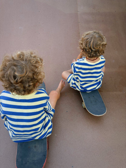[At Noon Original Design] Kids Terry Cloth Stripe Short Sleeve Top and Shorts Set (6m - 7y) - Yellow Blue kids outfit