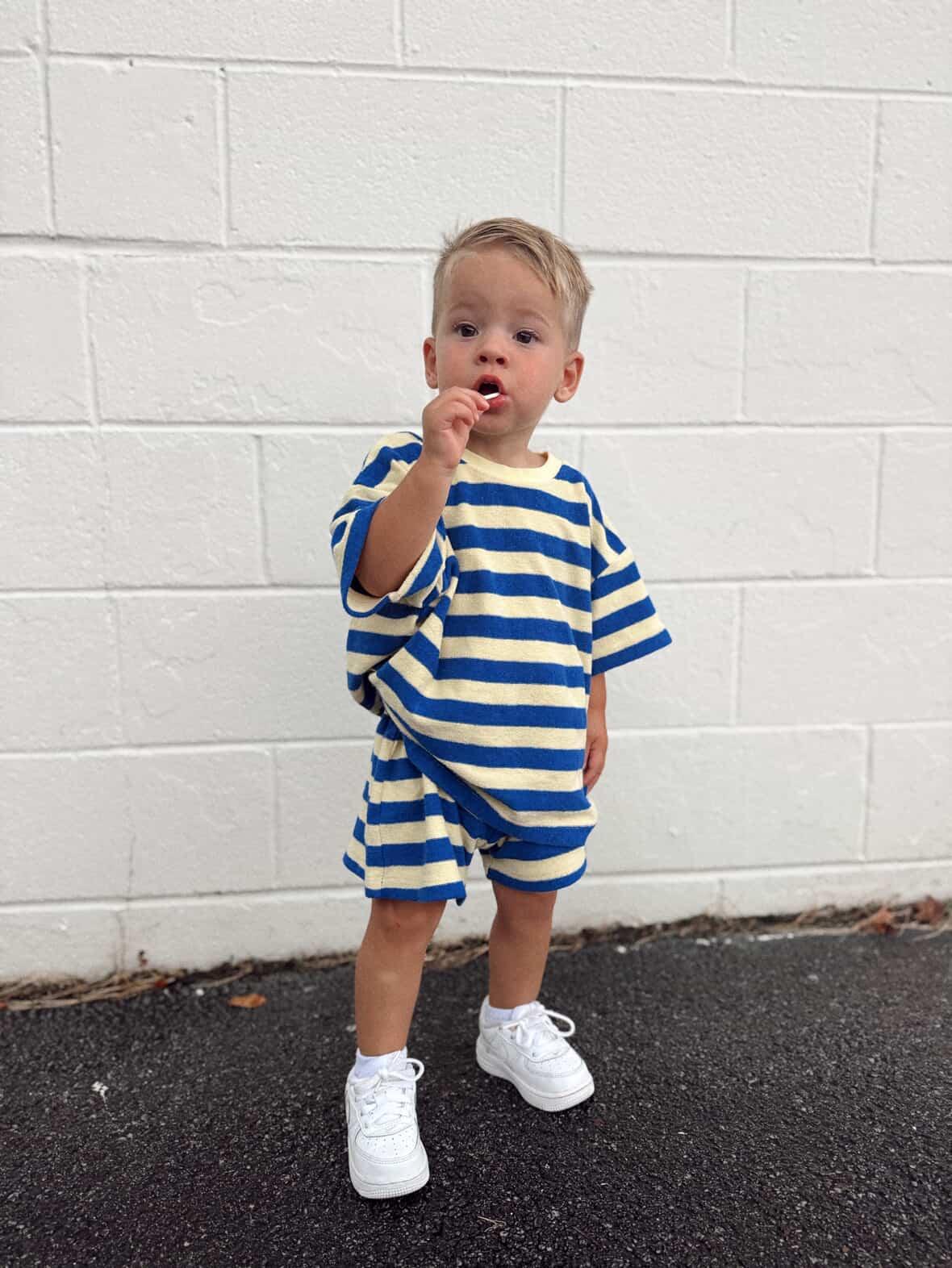 [At Noon Original Design] Kids Terry Cloth Stripe Short Sleeve Top and Shorts Set (6m - 7y) - Yellow Blue kids outfit