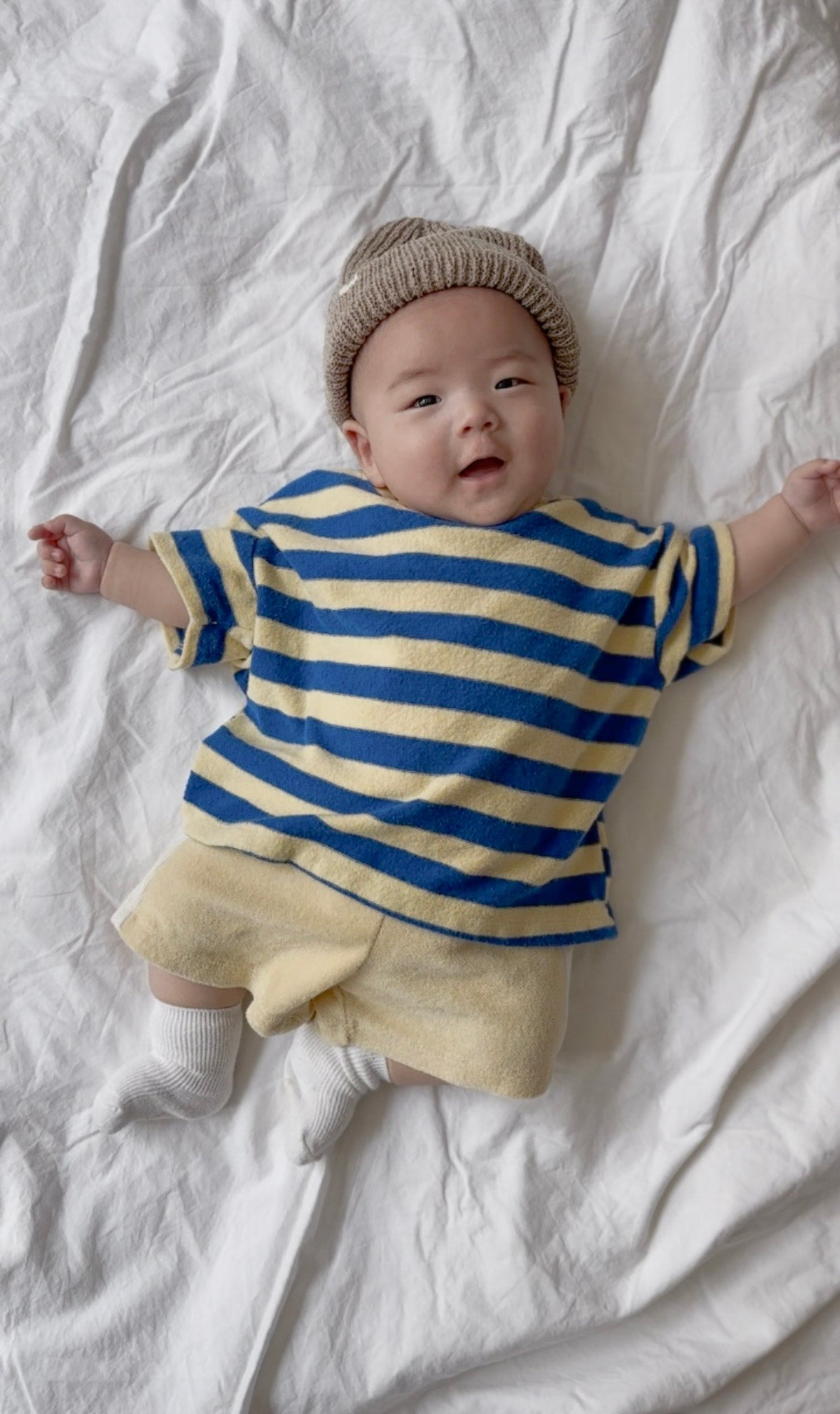 [At Noon Original Design] Kids Terry Cloth Stripe Short Sleeve Top and Shorts Set (6m - 7y) - Yellow Blue kids outfit