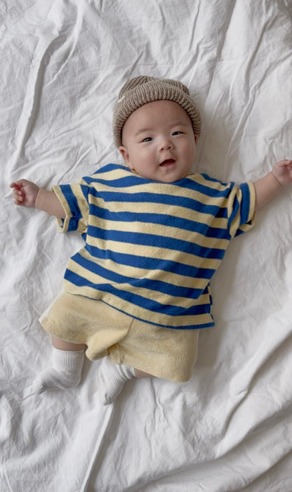 [At Noon Original Design] Kids Terry Cloth Stripe Short Sleeve Top and Shorts Set (6m - 7y) - Yellow Blue kids outfit