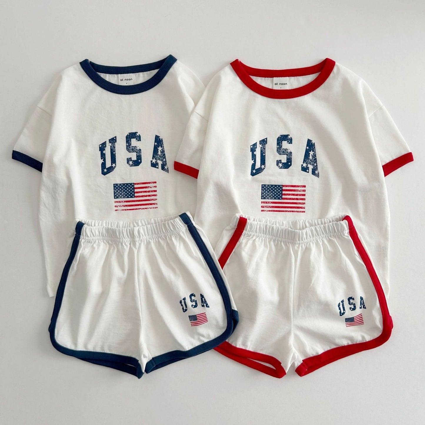[At Noon Original Design] Kids Vintage Print USA Ringer T-Shirt and Shorts Set (8m - 7y) - 3 Colors kids outfit