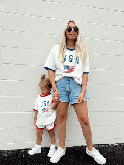 [At Noon Original Design] Kids Vintage Print USA Ringer T-Shirt and Shorts Set (8m - 7y) - 3 Colors kids outfit