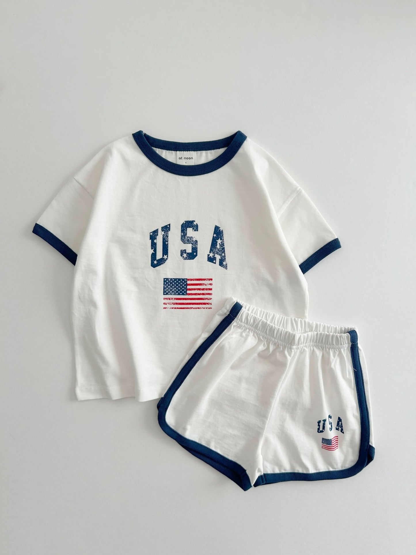[At Noon Original Design] Kids Vintage Print USA Ringer T-Shirt and Shorts Set (8m - 7y) - 3 Colors kids outfit