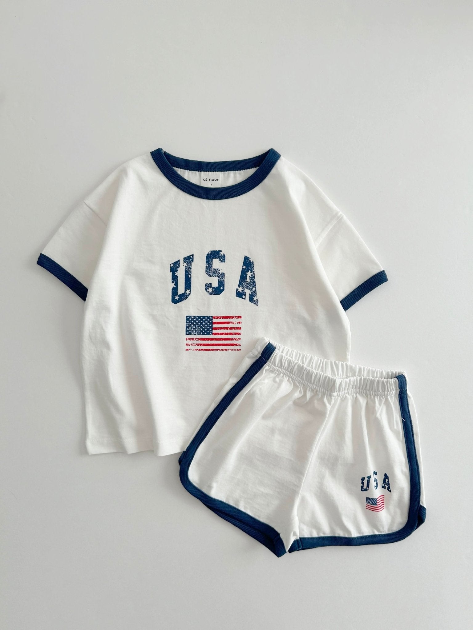 [At Noon Original Design] Kids Vintage Print USA Ringer T-Shirt and Shorts Set (8m - 7y) - 3 Colors kids outfit