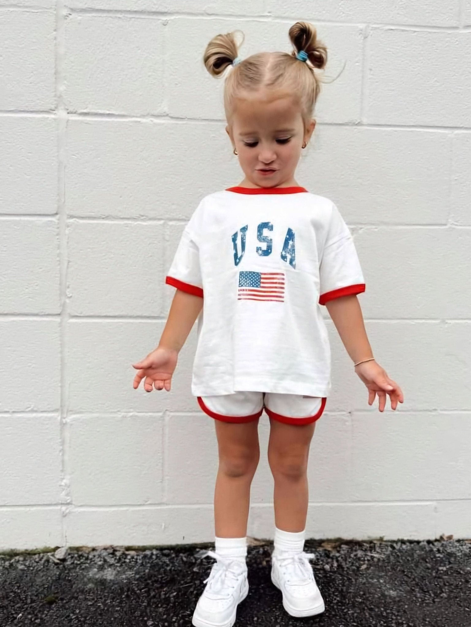 [At Noon Original Design] Kids Vintage Print USA Ringer T-Shirt and Shorts Set (8m - 7y) - 3 Colors kids outfit