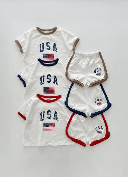 [At Noon Original Design] Kids Vintage Print USA Ringer T-Shirt and Shorts Set (8m - 7y) - 3 Colors kids outfit