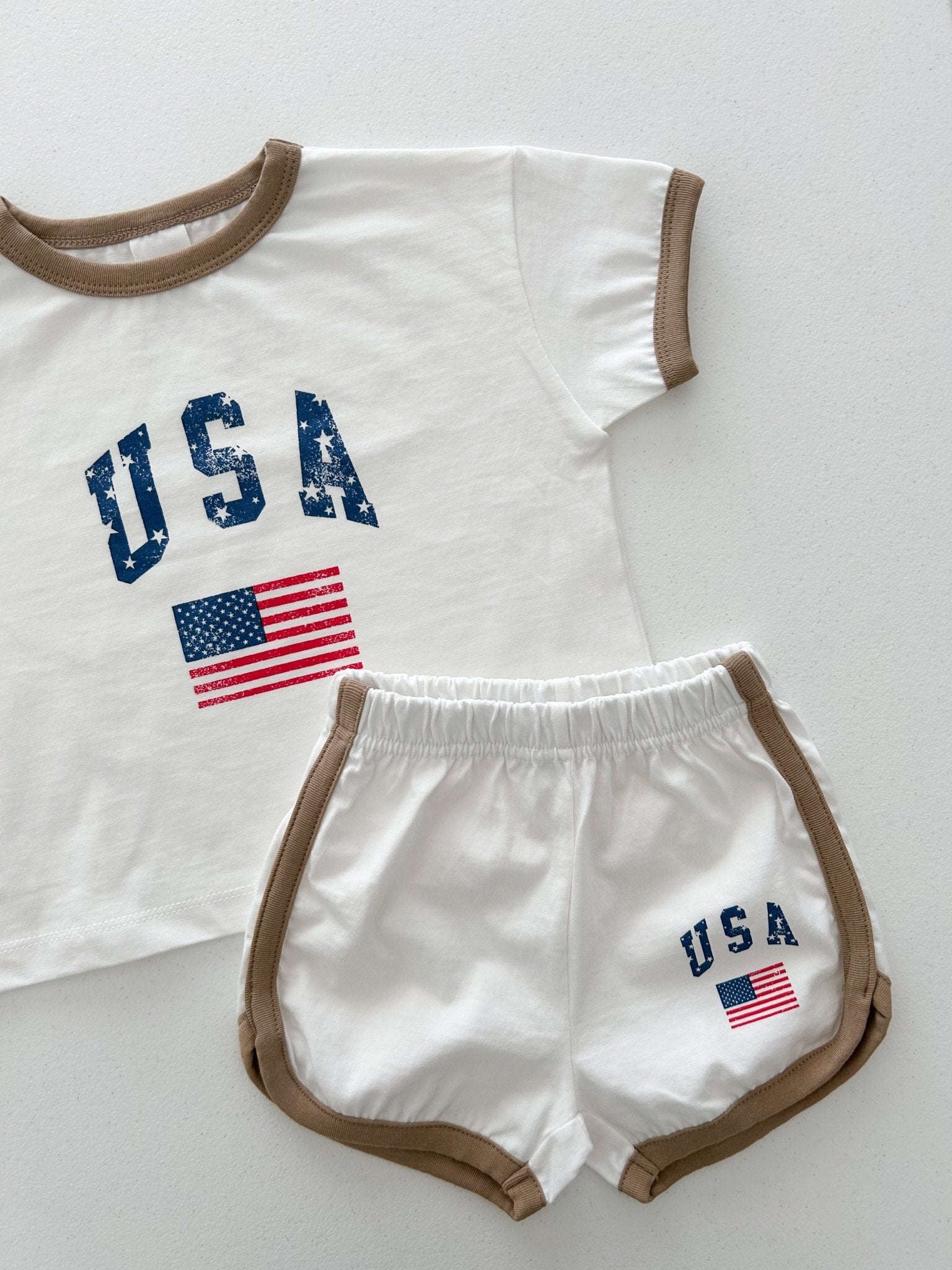 [At Noon Original Design] Kids Vintage Print USA Ringer T-Shirt and Shorts Set (8m - 7y) - 3 Colors kids outfit