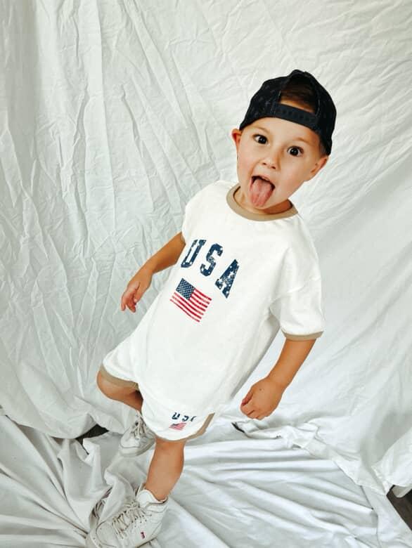 [At Noon Original Design] Kids Vintage Print USA Ringer T-Shirt and Shorts Set (8m - 7y) - 3 Colors kids outfit