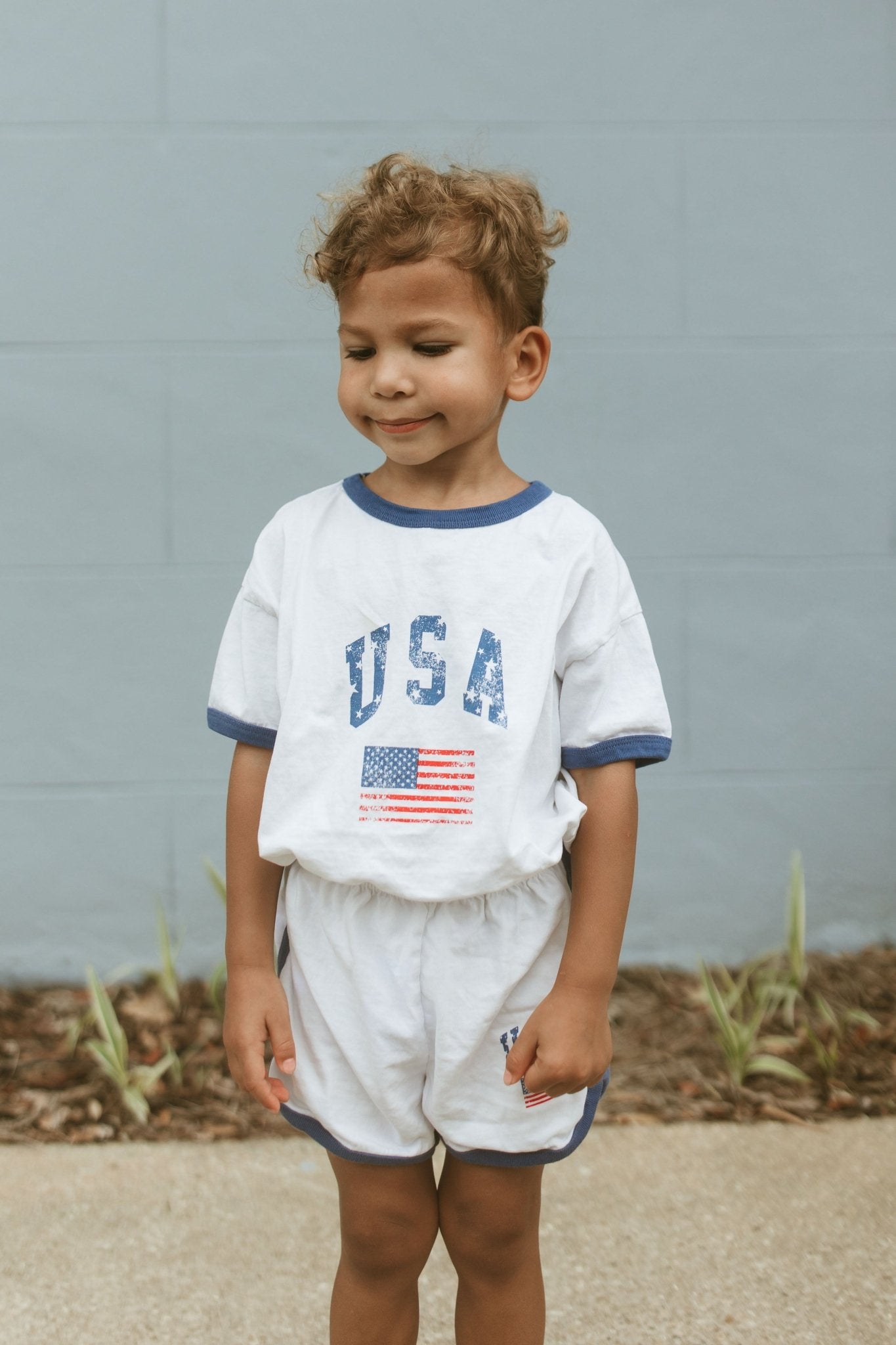 [At Noon Original Design] Kids Vintage Print USA Ringer T-Shirt and Shorts Set (8m - 7y) - 3 Colors kids outfit