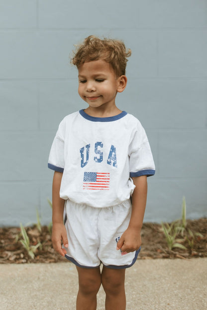 [At Noon Original Design] Kids Vintage Print USA Ringer T-Shirt and Shorts Set (8m - 7y) - 3 Colors kids outfit