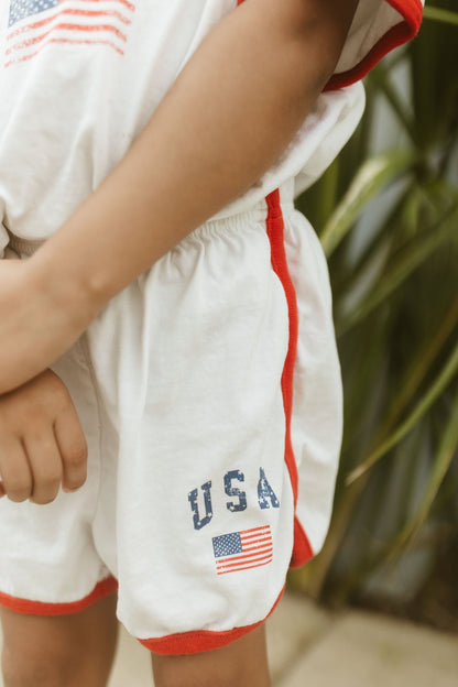 [At Noon Original Design] Kids Vintage Print USA Ringer T-Shirt and Shorts Set (8m - 7y) - 3 Colors kids outfit