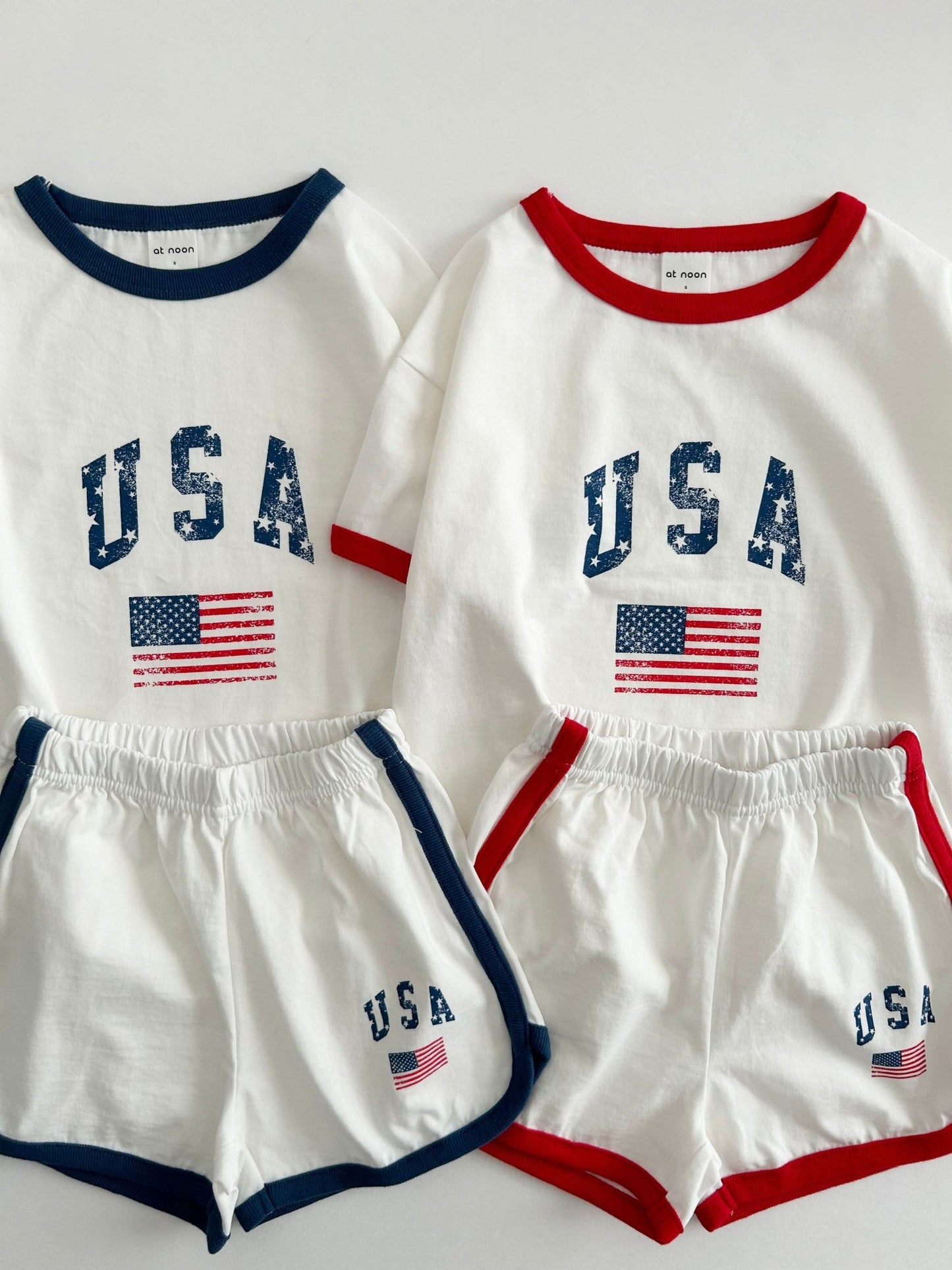 [At Noon Original Design] Kids Vintage Print USA Ringer T-Shirt and Shorts Set (8m - 7y) - 3 Colors kids outfit