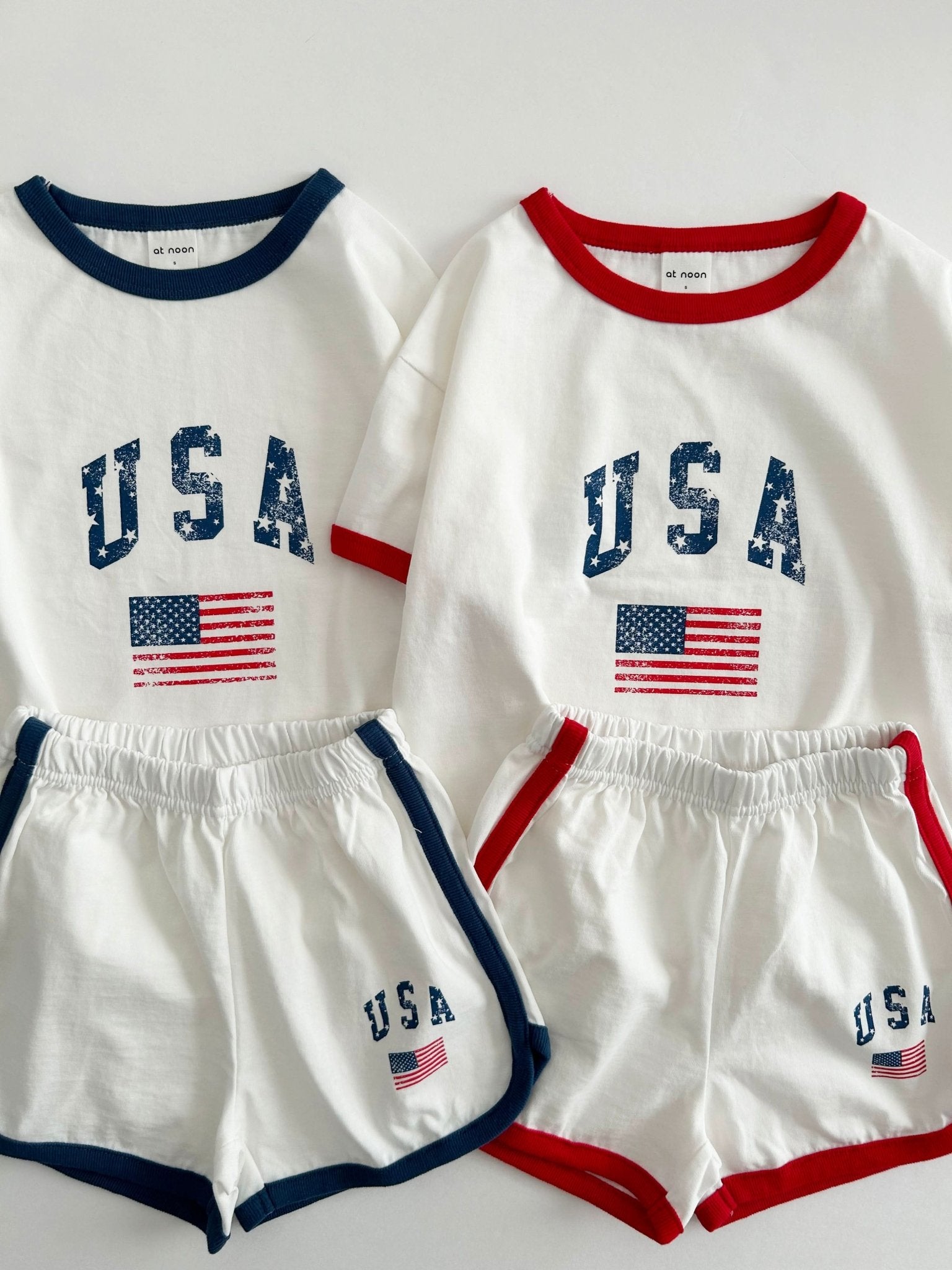 [At Noon Original Design] Kids Vintage Print USA Ringer T-Shirt and Shorts Set (8m - 7y) - 3 Colors kids outfit