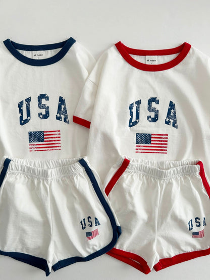 [At Noon Original Design] Kids Vintage Print USA Ringer T-Shirt and Shorts Set (8m - 7y) - 3 Colors kids outfit