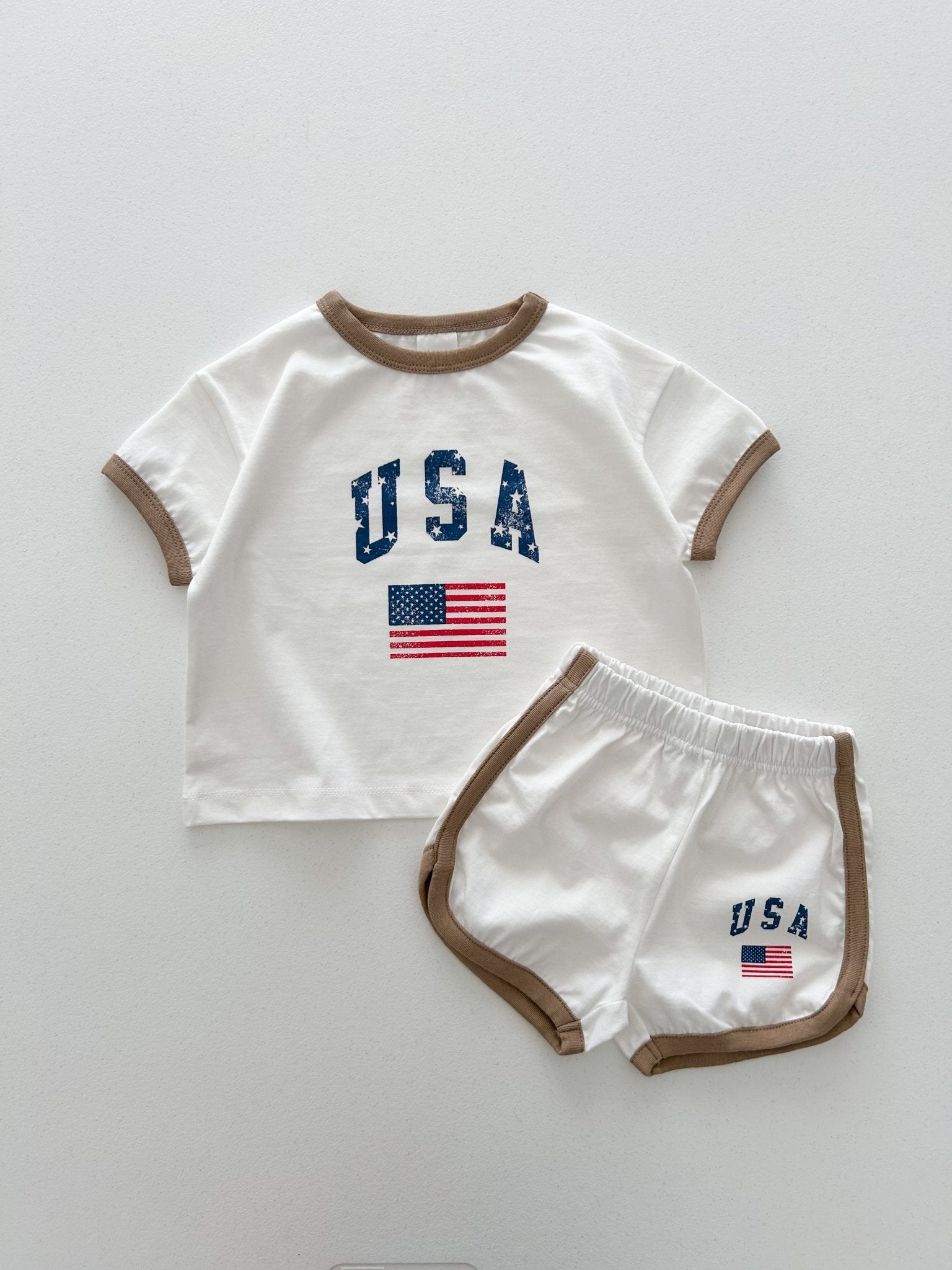 [At Noon Original Design] Kids Vintage Print USA Ringer T-Shirt and Shorts Set (8m - 7y) - 3 Colors kids outfit